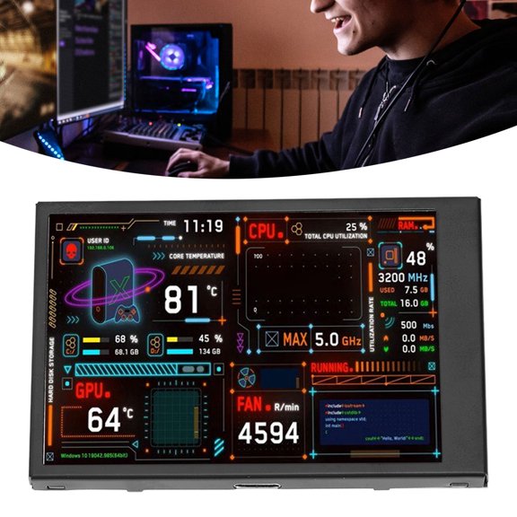 Affichage de la Température du PC, Moniteur de Température d'Ordinateur à Arrêt Automatique IPS Mini Affichage Rotation à 360 Degrés Port USB Double avec Éditeur de Thèmes Visuels pour le Jeu