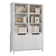BeesClover 70.7" Tall Bookshelf w/ Doors & Adjustable Shelf, 5-Tier Double Wide Bookcase with Cabinet and Double Storage, Farmhouse Wooden Book Shelf for Living Room