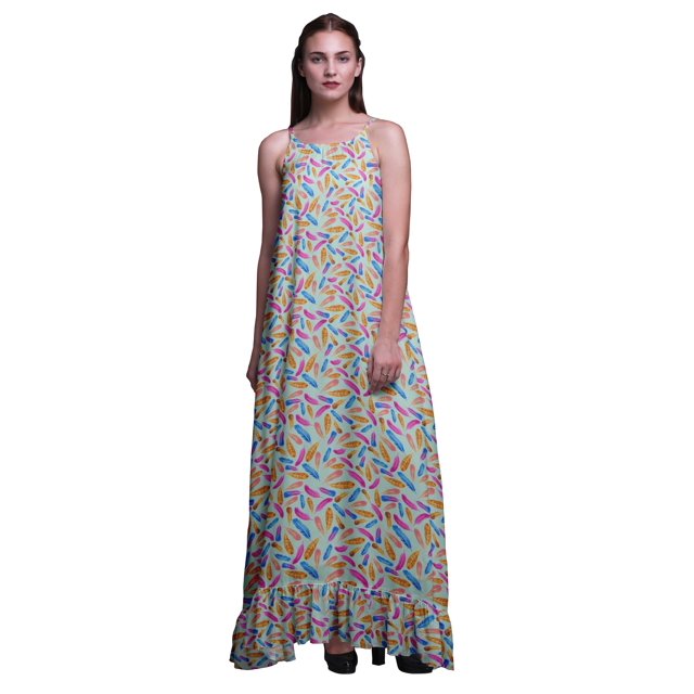Bimba Nuisette Colorée à Plumes Menthe Pastel pour Femmes, Imprimée, Bretelles Spaghetti, Robe Maxi, Vêtement de Nuit, Moyen