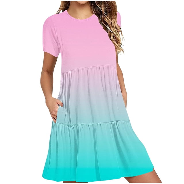 Weiqiqre Robes pour Femmes Été Décontractées à Manches Courtes Col Ras du Cou Robes T-Shirt Amples Évasées Mini avec Poches