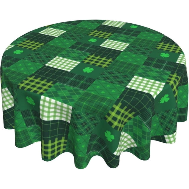 St. Patricks Day Tablecloth Round 60Inch Spring Clover Shamrock Print Table Cloth Cover with Green Black Buffalo Checkered Plaids Reusable Heat Resistance for Kitchen Dining Holiday Decor