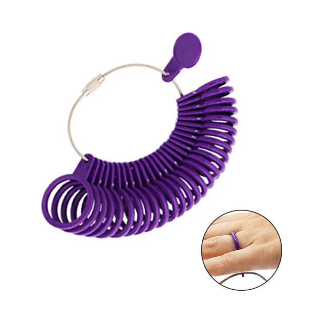 Kcavykas Watches, Jewelry Ring Size Measuring Tool with purple plastic ring sizers on a metal loop. Includes a close-up of a ring sizer being used on a finger to measure size. Features a precise scale for accurate measurements across US, Hong Kong, Japan, and Europe standards, ideal for jewelry repairs and sizing.