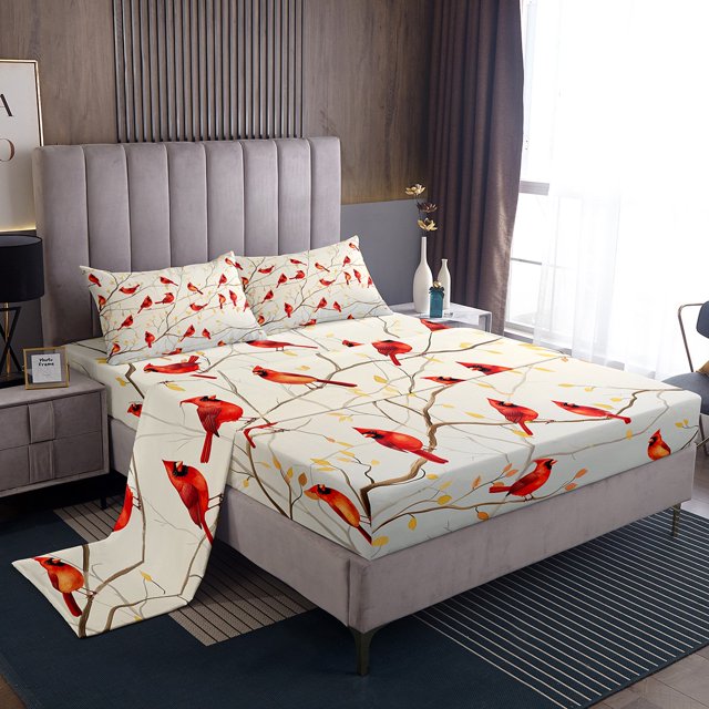 Erosebridal Cardinal Bird Bed Sheets Set King Size, Tree Branches Bedding Set, 4-Piece