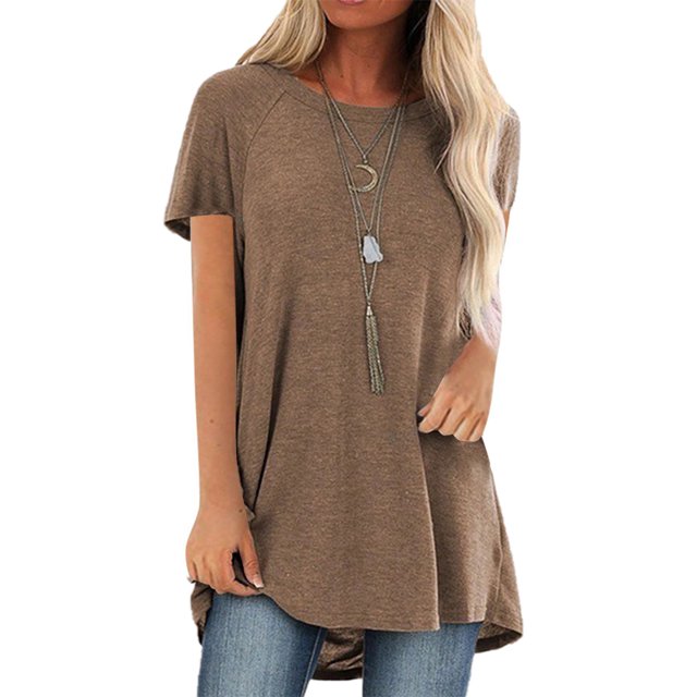 LUXUR T-Shirt pour Femme à Manches Courtes T-Shirt Haut Uni Blouse Décontractée Col Rond Kaki m