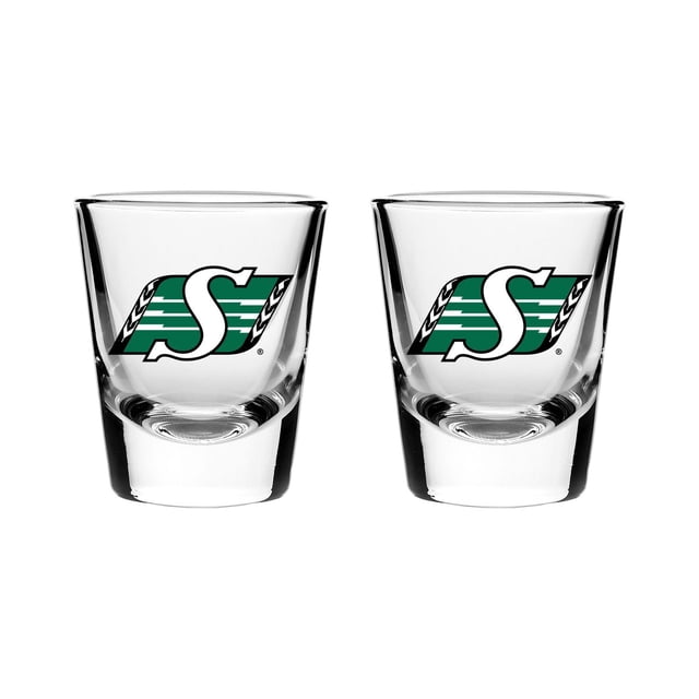 The Sports Vault Ensemble de 2 Verres à Shooter Saskatchewan Roughriders avec Deux Verres à Shooter en Verre Transparent Présentant le logo de l'Équipe Vert et Blanc, Chacun Contient Environ 2 Oz, Va au Lave-Vaisselle, Convient aux collections de Vaisselle de Bar et aux Réceptions.