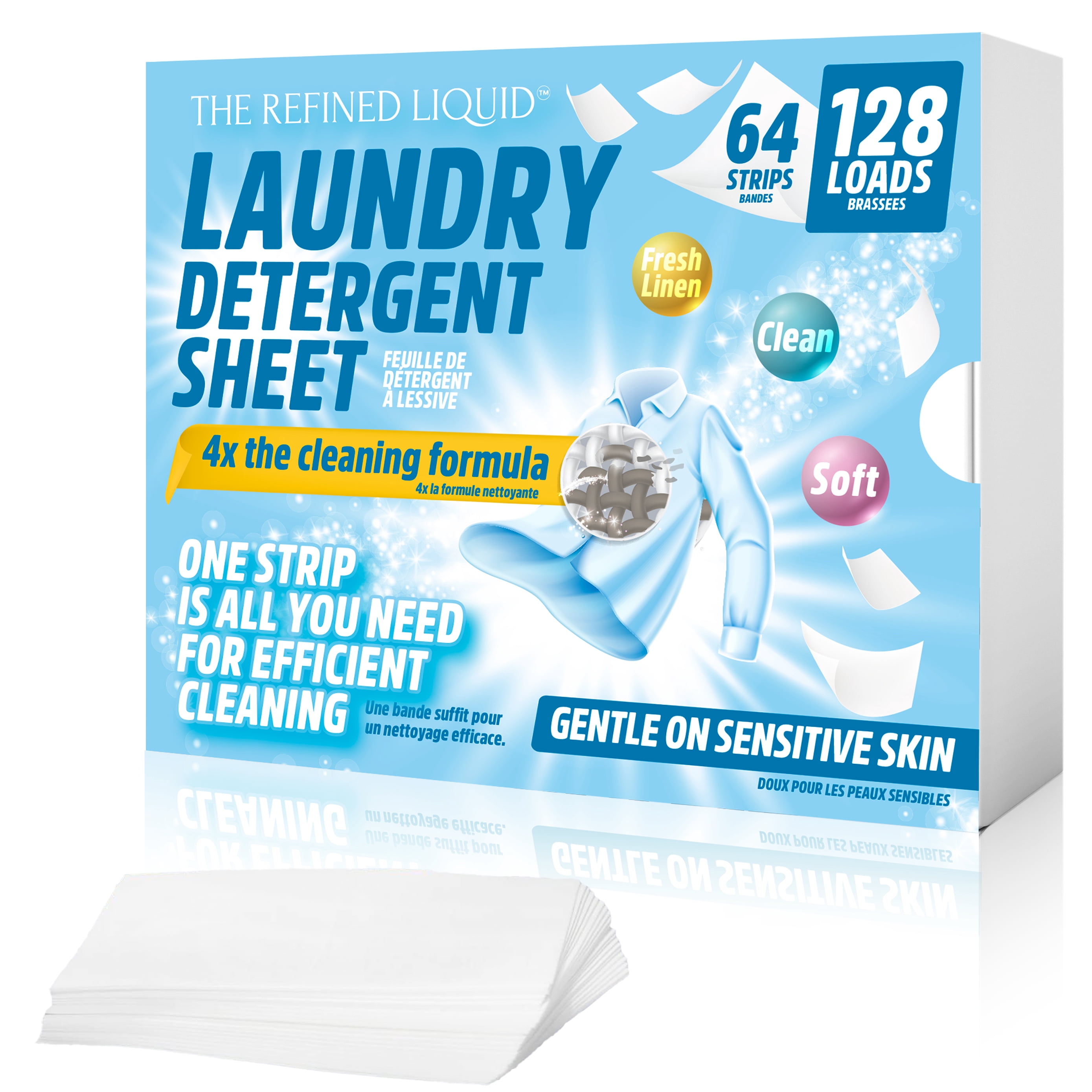 The Refined Liquid Laundry Detergent Sheet Original, 64 Strips, 128 Loads, Concentrated & Eco-friendly - Effective Stain Removal & Color-Safe | Hot & Cold Wash Compatible