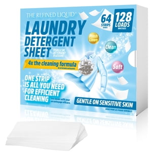 The Refined Liquid Feuille de détergent originale, 64 Bandes, 128 Charges concentrées & Éco-friendly - Suppression efficace des taches & Couleur-sûre & Compatible avec le lavage à froid