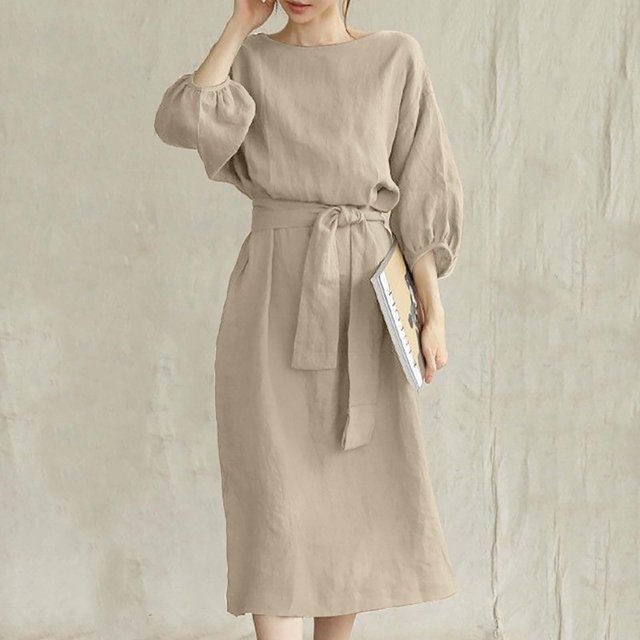 EGNMCR Robe Femme en Coton et Lin Col Rond Couleur Unie Manches Mi-Longues Ample Confortable Douce Robes Ceinture Corset Grande Taille Tendance Élégante Décontractée Robes Midi