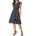thumbnail image 2 of INSPIRE CHIC Robe pour Femme à Fleurs Manches Volantées Col en V Décontractée Smockée à Volants Robes m Bleu Marine, 2 of 5