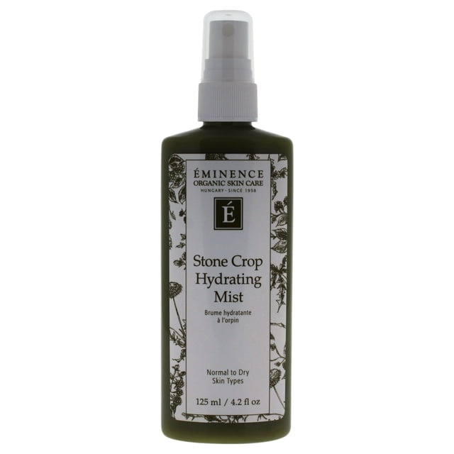 Stone Crop Hydrating Mist by Eminence for Unisex - 4.2 oz Spray front-facing spray bottle with pale green tint and white pump, Eminence label visible; 4.2 oz facial mist formulated with stone crop juice to hydrate skin and help diminish appearance of hyperpigmentation, suitable for all skin types and uneven skin concerns, often used as a toner or midday refresher.