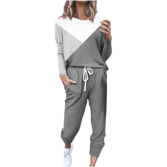 CHOK Womens Sport Set Long Sleeve Patchwork Color with Loose Cozy Petite Sweatpant Trendy Fall Winter Suits (X-Large Pink)