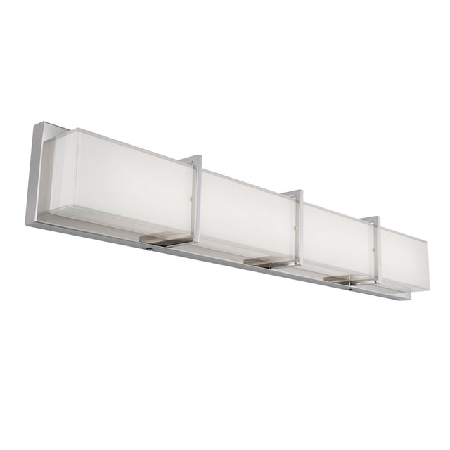 Artika Subway LED Integrated 35-inch 4-Section Vanity light in chrome finish with four rectangular frosted glass diffusers on a metal base, providing 1750 lumens of warm 3000K light for bathroom vanity lighting with dimmer compatibility for customizable brightness.