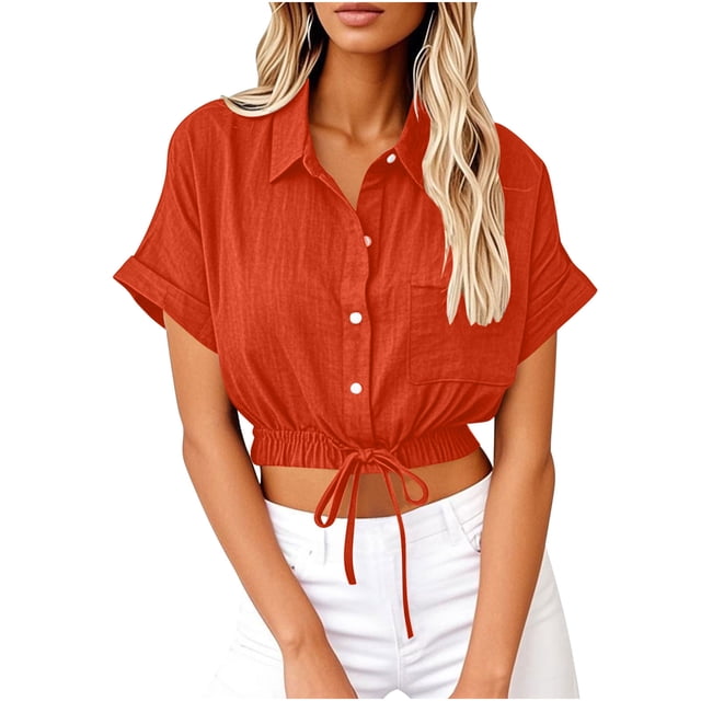 Mlkoz Women's Short Sleeve Tops Button Up Shirt Summer Tops Casual Collared Cropped Tops Solid Blouses with Chest Pockets