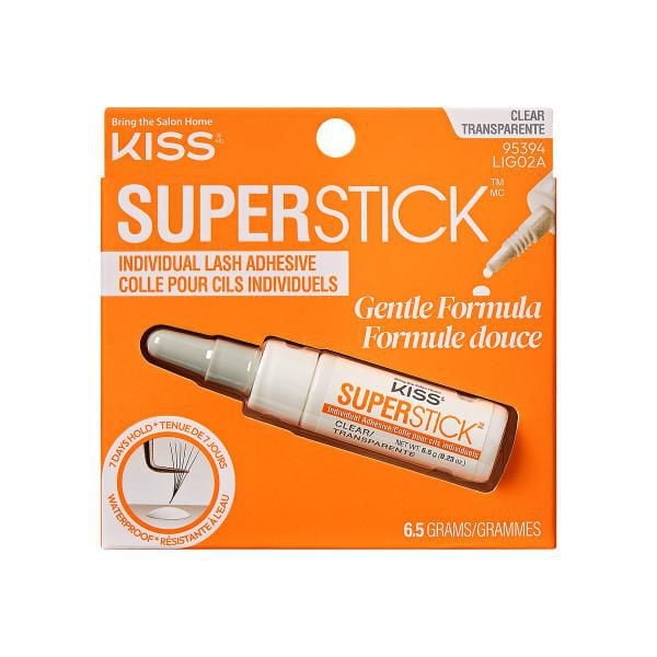 KISS Super Stick Individual Lash Cluster Adhesive clear formula, 6.5g, in orange packaging with white and black text, featuring a precision nozzle for easy application, dermatologist-tested waterproof eyelash glue with gentle hold lasting up to 7 days, infused with witch hazel and oatmeal extracts.