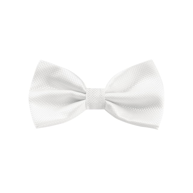 INSPIRE CHIC Men's Grids Patterned Solid Color Adjustable Pre-tied Bow Tie in white, featuring a subtle grid texture. Made from 100% polyester, it measures 12x7cm (4.7x2.8 inches) with an adjustable neck strap ranging from 29-51cm (11.4-20.1 inches). Suitable for formal and casual occasions such as weddings, office events, and family gatherings.