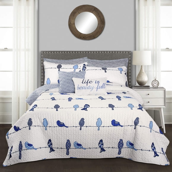 Lush Decor, Navy Rowley Birds 7 Piece Reversible Quilt Set, Full/Queen