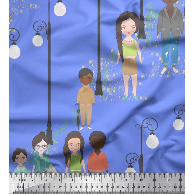 Soimoi Blue Velvet Fabric Street Lamp Human Figure Print Fabric by Yard 58 Inch Wide
