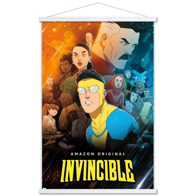 Invincible - Affiche Murale de Groupe un, 22,375 Pouces x 34 Pouces, art Mural Brillant Mettant en Vedette un Groupe de Superhéros Animés de la Série Amazon Original Invincible. l'Affiche Montre un Fond orange Chaud et Bleu Frais Séparés avec un Héros central en Costume Bleu et Jaune. le Titre Jaune Audacieux « Invincible » Se Trouvant au Bas avec « Amazon Original » au-Dessus. Convient aux Chambres, Bureaux Ou Dortoirs, Elle Comprend des Supports Adhésifs pour une Suspension Facile et
