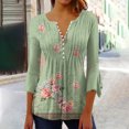 thumbnail image 2 of Pompotops Women's Casual Trumpet 3/4 Sleeve Printed Buttoned Basic Ruched Tops Pleated T-shirts Blouses On Sale, 2 of 5