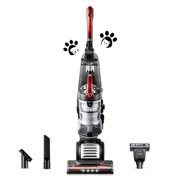 Eureka FloorRover Aspirateur Vertical Sans Sac pour Animaux, Direction Pivotante pour Tapis et Plancher Dur, Gris et Rouge