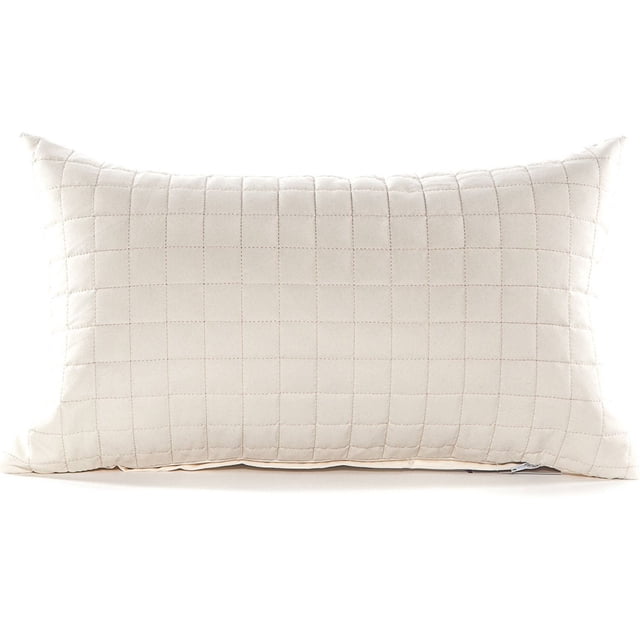Gouchee Design Grid Long Cushion in cement colour with quilted grid pattern on brushed microfiber polyester fabric, filled with Canadian polyester fiber, measuring 20 by 12 inches, with zipper closure for easy shell removal, also suitable as lumbar support on sofas or beds.