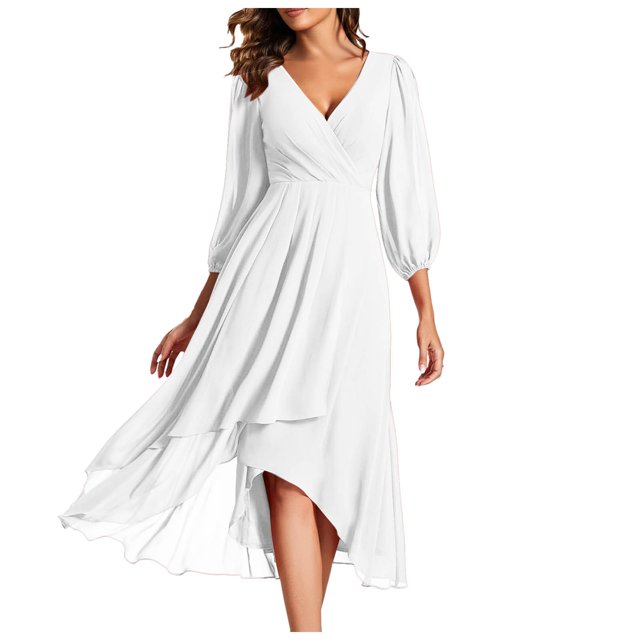 Plus Size Dresses Chiffon V Neck Long Sleeves Pleated A Line Midi Length Sun Dress White M
