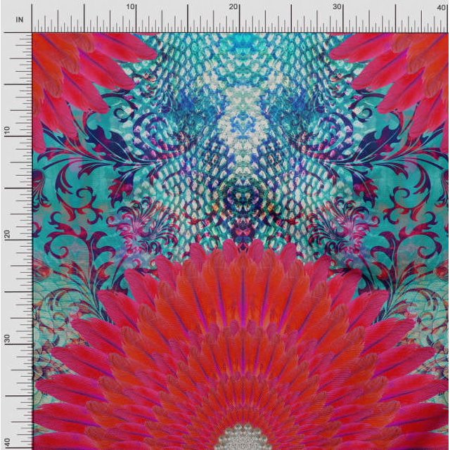 Soimoi Moss Georgette Fabric Floral & Feather Panel Print Fabric by Yard 42 Inch Wide