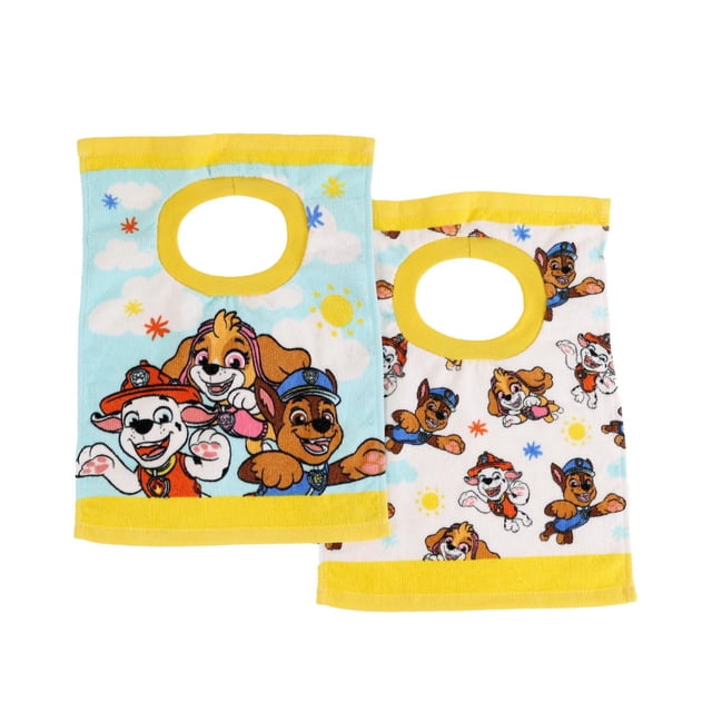 Paw Patrol Pullover Cotton Bibs, 2 Pack featuring two soft 100% cotton bibs with yellow trim; one bib has a blue background with large Paw Patrol characters Chase, Marshall, and Skye, the other has a white background with an all-over print of the same characters and colorful stars, designed for easy pullover wear to stay secure during meals.