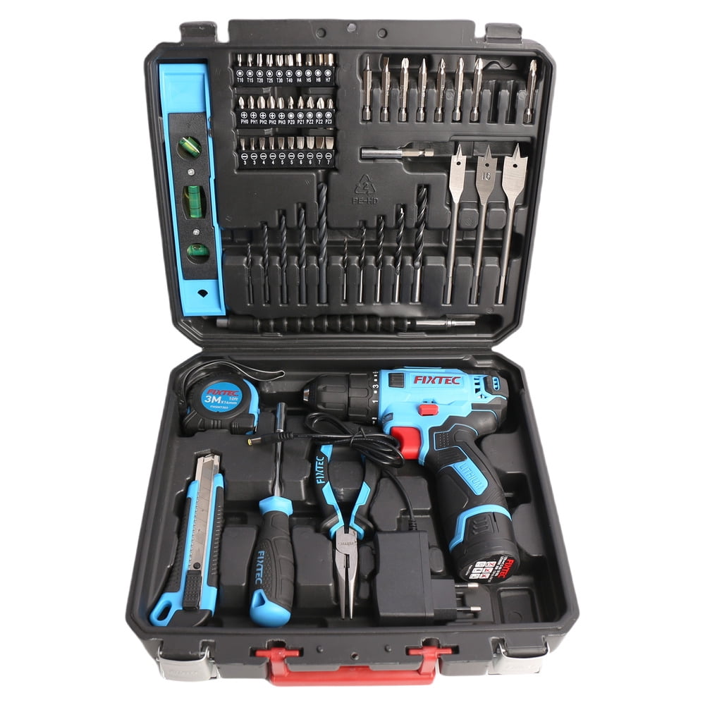FIXTEC 12V Cordless Drill Kit with Battery, Charger & 60 Piece Project Kit