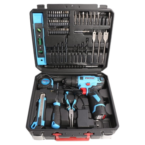 FIXTEC 12V Cordless Drill Kit with Battery, Charger & 60 Piece Project Kit