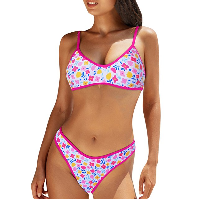 Jamicy Womens Bikini Swimsuits Gift for Women Swimsuit Bikini Set Triangle Tropical Print Shell Stitched Bathing Suit