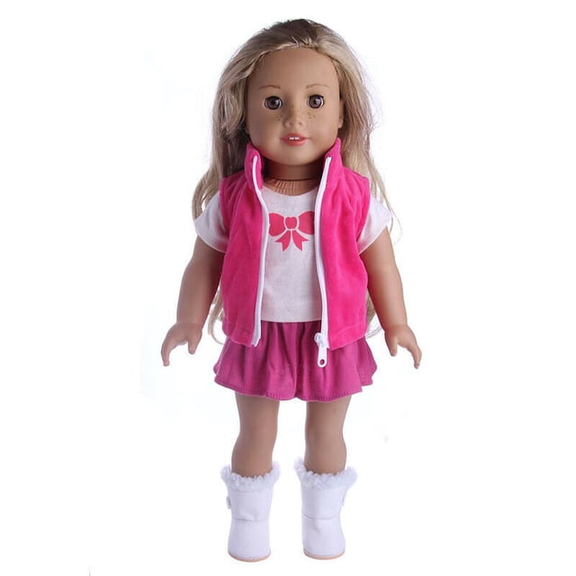 PEACNNG Outfit Dress Clothes for 18'' Our Generation My Life Doll, including a pink vest, white shirt with bow design, pink skirt, and white boots with fur trim. Perfect doll clothes for 18-inch dolls.
