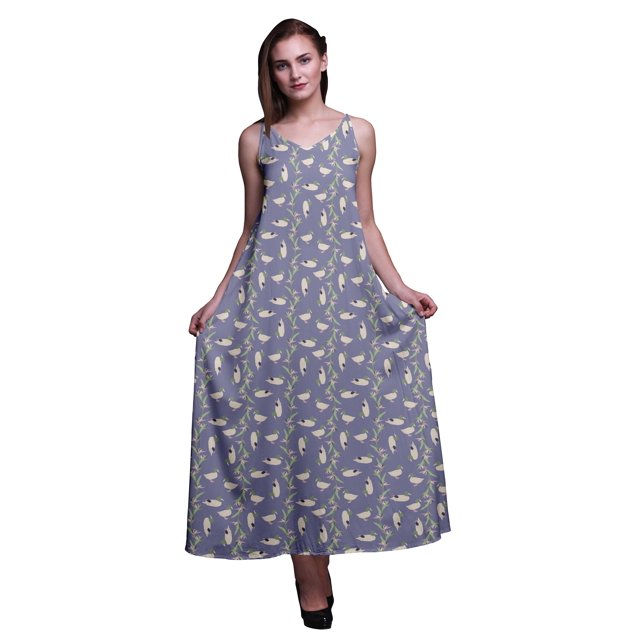 Bimba Robe Longue Maxi de Soirée pour Femmes en Rayonne à Imprimé d'Oiseaux, Dos Nu, Bretelles Spaghetti - Grande