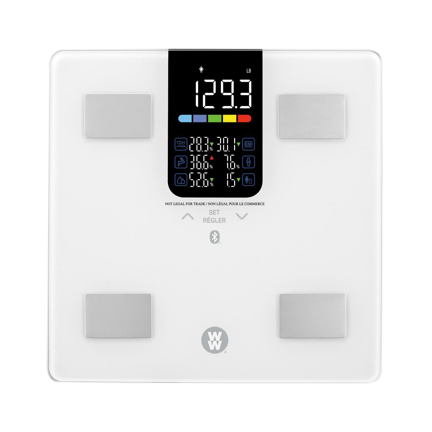 Conair WW Color Body Analysis Scale with Bluetooth, 500 lb Capacity, Multi Color LED Display, Tempered Glass Platform
