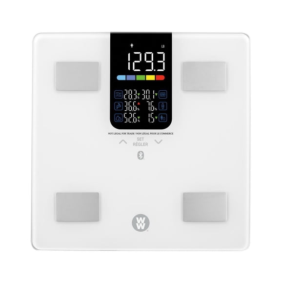 Balance d’analyse corporelle couleur Conair WW avec Bluetooth, capacite de 500 lb, affichage LED multicolore, plateforme en verre trempe