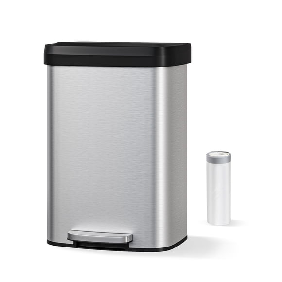 Poubelle de Cuisine – à Pédale Mains Libres 13 Gal en Acier Inoxydable – Haute, Couvercle à Fermeture en Douceur – Contrôle des Odeurs, Rebord de Doublure et Poignée Arrière – Antirouille – Argent