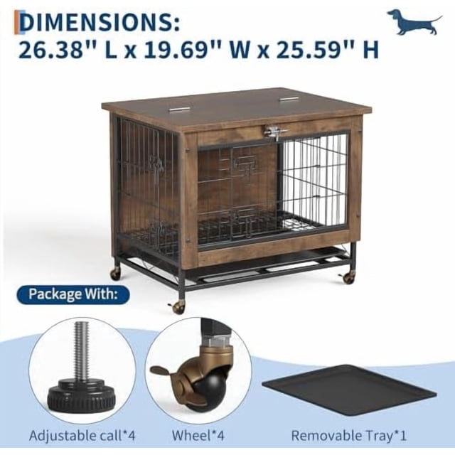 Ourlova Meuble Cage pour Animaux à Double Porte de 26 Pouces – Niche en Bois pour Chien avec Roues Verrouillables, Table d'Appoint Intérieure pour Animaux Résistante à la Mastication, Fini Brun Rustique, Logement Polyvalent pour Animaux