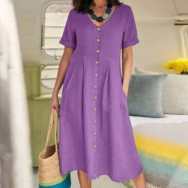 LOVZFMLL Mode Femmes Été Décontracté Col en V Uni Manches Courtes Bouton Poche Robe Coton Lin Violet P