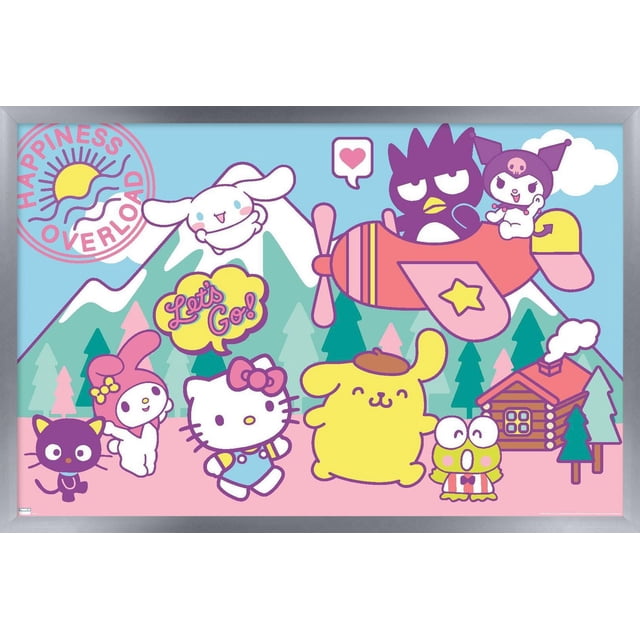 Hello Kitty and Friends - Happiness Overload Wall Poster, 14.725" x 22.375" framed featuring Hello Kitty, My Melody, Pompompurin, Keroppi, Badtz-Maru, Kuromi, and Chococat in a colorful cartoon scene with pastel mountains, pine trees, and a log cabin, with a pink and blue palette and a 'Let's Go!' speech bubble, suitable for decorating bedrooms, offices, or dorm rooms.