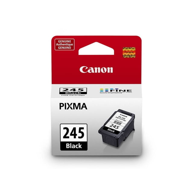 Canon PG-245 Ink Cartridge, Black - 8279B001 in a front-facing retail box with red and white design, featuring the Canon logo, PIXMA branding, and an image of the black ink cartridge labeled 245 Black, designed for standard yield printing with FINE technology for crisp, smudge-resistant prints.