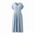 thumbnail image 4 of XiYing Robe Décontractée, Robe Courte Unie à Col en V pour Femme, Manches Longues avec Poche, Coupe Estivale Décontractée, Tissu Extensible Doux, Longueur Régulière, Paquet de un, 4 of 5
