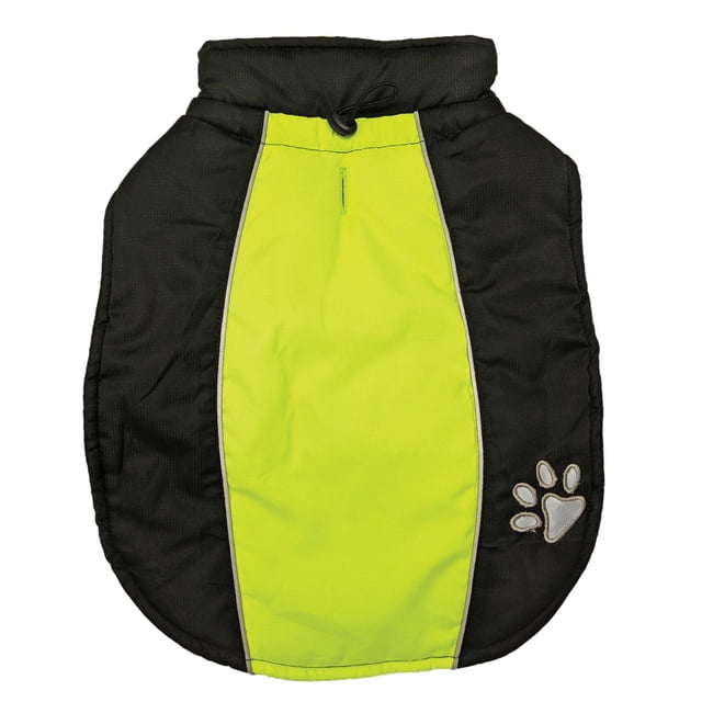 SPOT Medium Sporty All Weather Reflective Dog Jacket in black and bright yellow water-resistant, windproof fabric with reflective paw print, adjustable neck cord, and leash access port for outdoor safety and comfort.