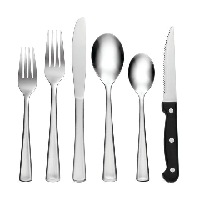 Cambridge Anita Mirror 48 Piece Flatware Set with polished 18/0 stainless steel flatware including salad fork, dinner fork, dinner knife, dinner spoon, teaspoon, and black-handled serrated steak knife, designed for service to 8 and dishwasher safe, displayed on a white background.