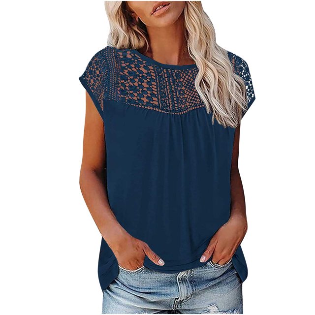 Mikilon Ensemble Élégant pour Femmes 2 Pcs Haut à Manches Courtes Imprimé Patchwork en Dentelle Col Rond Chic Confortable Ensemble Haut/chemise Col Rond Bleu Foncé S