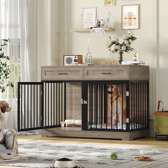 Homfa Meuble Cage pour Chien avec 2 Tiroirs, Table Cage Intérieure en Bois de 47,2 Po pour Chien avec Séparateur, Gris