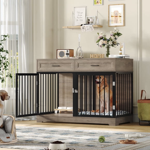 Homfa Dog Crate Furniture with 2 Drawers, 47.2 in Wooden Indoor Dog Cage Table with Divider,Grey