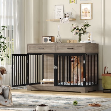 Homfa Dog Crate Furniture with 2 Drawers, 47.2 in Wooden Indoor Dog Cage Table with Divider,Grey