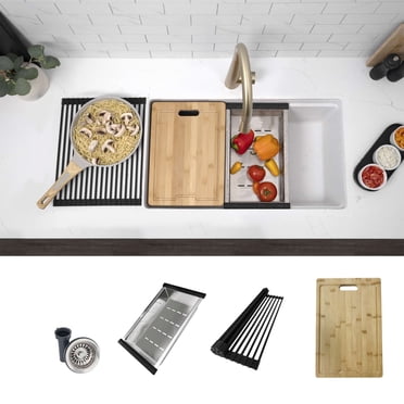 Évier de Cuisine Élégant à Double Montage 28” en Composite Granit Blanc à Bol Unique avec 4 Accessoires S-828WH