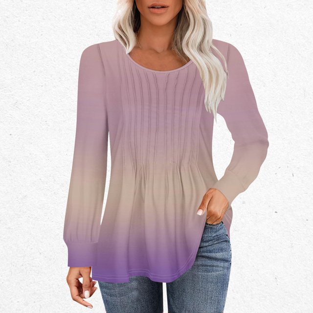 RXIRUCGD T-Shirts à Manches Longues Dégradés pour Femmes, Décontractés, Mode, Amples, Plissés, Col Rond, Rose, Taille : L
