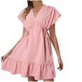 thumbnail image 2 of Pisexur Women's Midi Dress Short Sleeve V-Neck Summer Dress Drawstring Casual Ruffle A-Line Mini Dress, 2 of 6